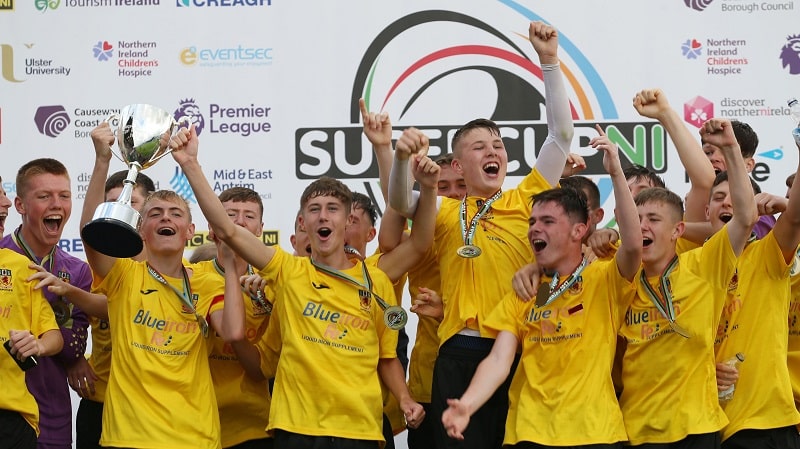 PressEye-Northern Ireland- 28th  July  2017-Picture by Brian Little/ PressEye

SuperCupNI Junior   Section 

Co Antrim captain Ben Wylie lifts the cup after defeating GPS Bayern    during Friday's SuperCup NI Junior  Final at Ballymena Showgrounds.
Picture by Brian Little/PressEye