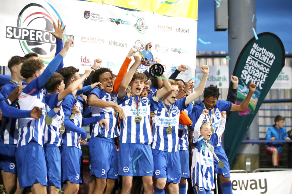 Press Eye - Northern Ireland - 26th July 2024
Super Cup Northern Ireland - Final - Boys Premier -
Brighton and Hove Albion- Coleraine Showgrounds - Coleraine - 26th July 2024
Brighton and Hove Albion win the Super Cup beating Co Armagh on penalties
Photograph by Declan Roughan / Presseye