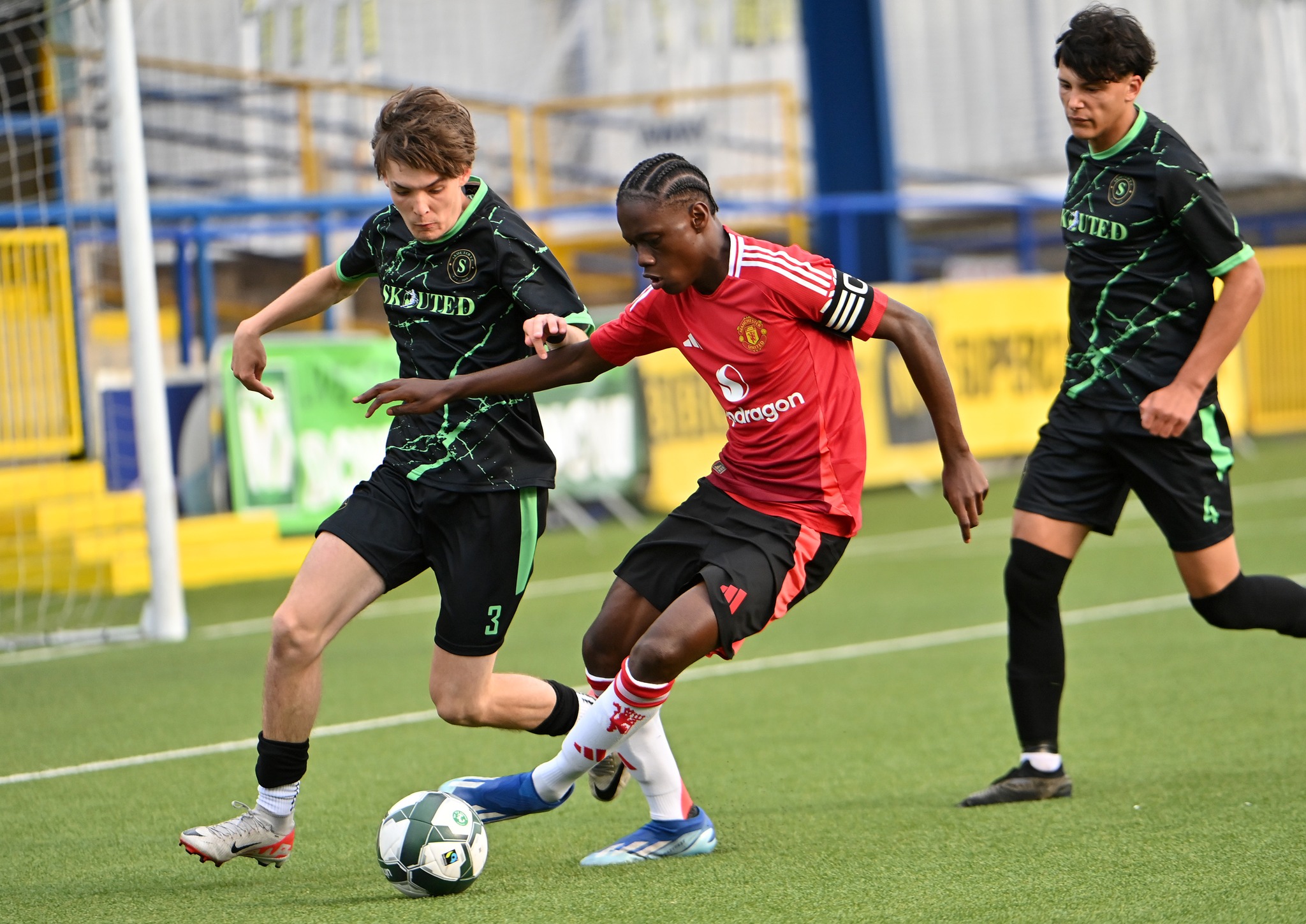 23rd July 2024
Press Eye - Belfast - Northern Ireland - 

2024 SuperCupNI Premier section match between Manchester United and Skouted FC at Coleraine Showgrounds.

Uniteds  Douka Nkoto Abdoulaye in action with Skouted’s Leon Bergin

Picture by - Stephen Hamilton -Presseye