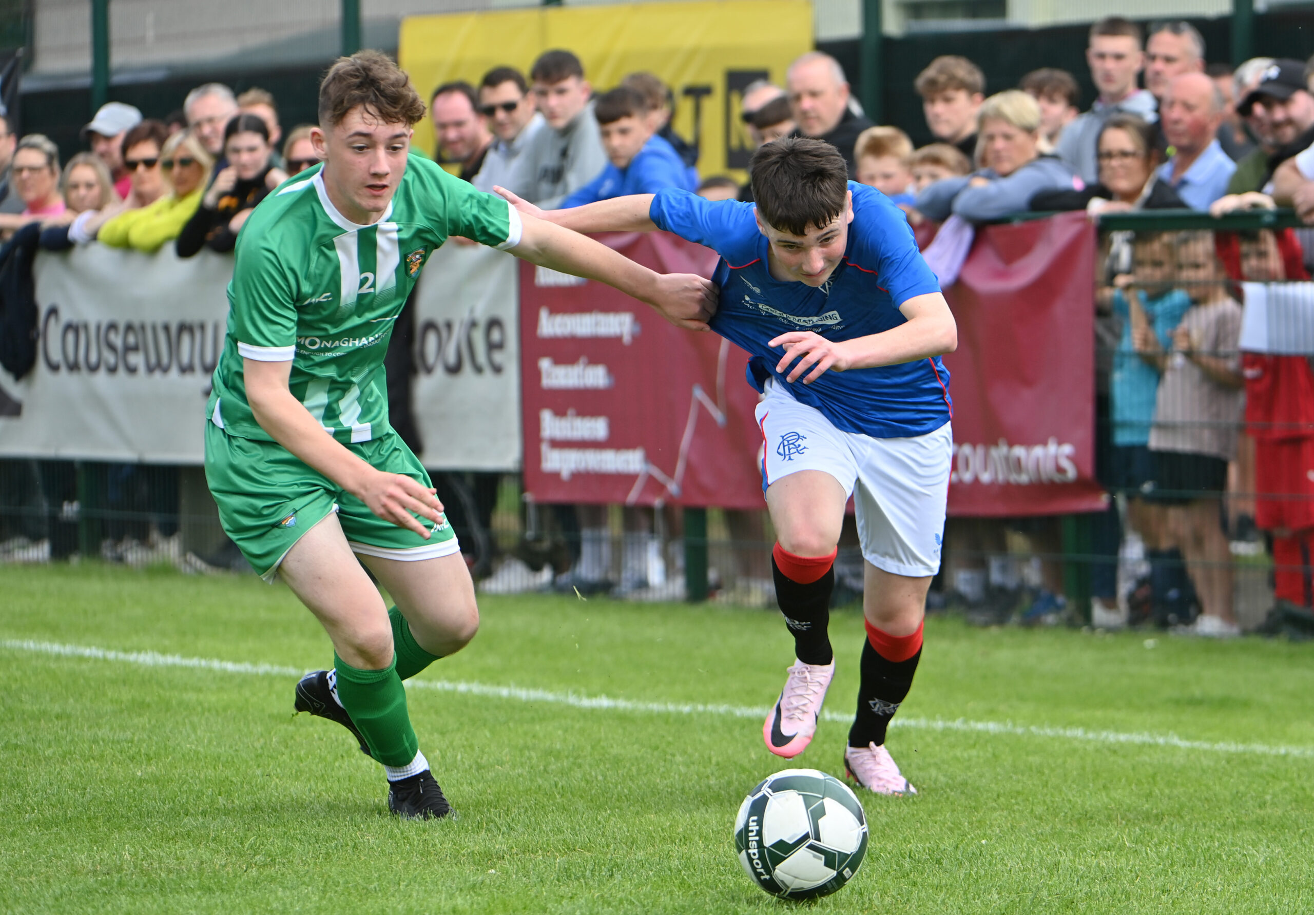 22nd July 2024
Press Eye - Belfast - Northern Ireland - 

2024 SuperCupNI Junior section match between Rangers and Co Fermanagh at Bushmills
 
Rangers   Max Cameron in action withFermanagh’s  Alex Kavanagh

Picture by - Stephen Hamilton -Presseye