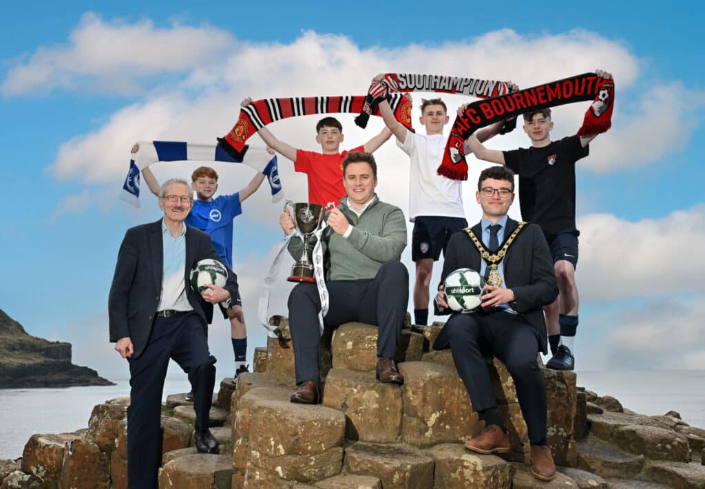 Coleraine Academy players Alfie Glenn, Peter Whyte, Noah Tohill and Corin Burns pictured with Councillor Ciarán McQuillan, Mayor of Causeway Coast & Glens Borough Council; Victor Leonard, Chairperson of the Budget Energy SuperCupNI; and Karl Bradley, Marketing Executive at Budget Energy announcing the stellar Boys’ Premier Section line-up for the 2025 Budget Energy SuperCupNI.  English Premier League giants Manchester United, Brighton & Hove Albion, Bournemouth and Southampton will headline an elite group of international and homegrown teams competing in the prestigious youth tournament, taking place from Sunday 27th July to Friday 1st August.