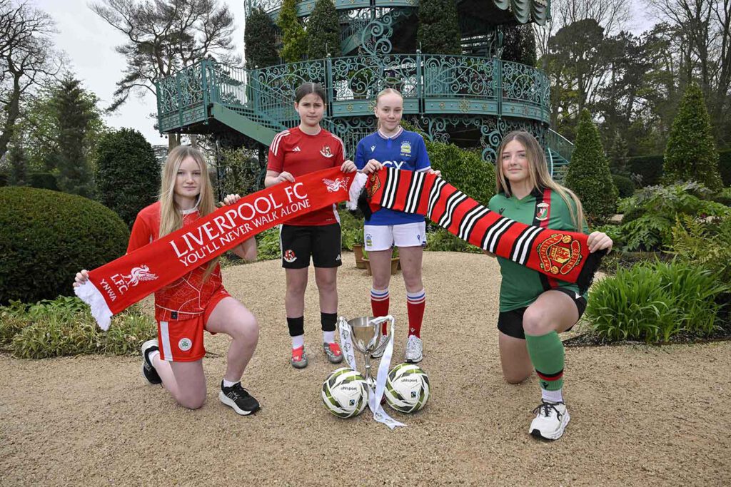 Lilianna McKeown (Cliftonville), Ava Upritchard (Crusaders), Maci Davidson (Linfield) and Aleah Neill (Glentoran) are pictured at Coronation Garden, Hazelbank Park, as the Budget Energy SuperCupNI confirms its 2026 Girls’ Sections line-up.