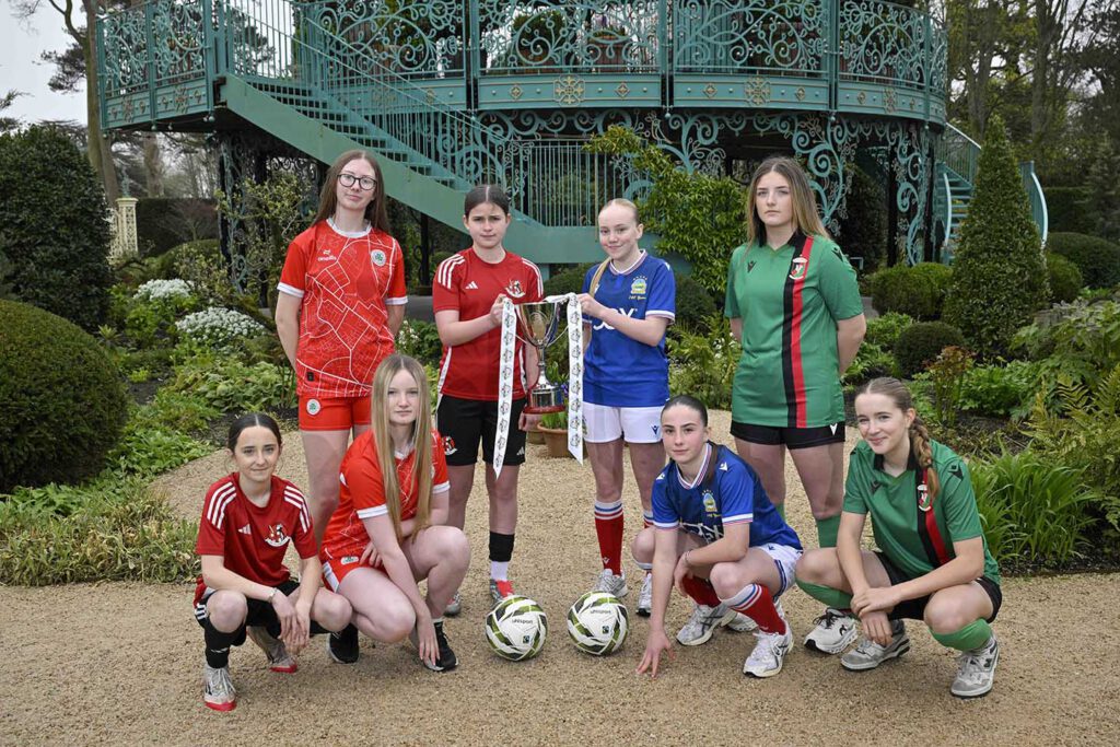 Lilianna McKeown and Mollie McCrea (Cliftonville), Ava Upritchard and Alice Shaw (Crusaders), Maci Davidson and Megan McCabe (Linfield), and Aleah Neill and Sophia Currie (Glentoran) are pictured at Coronation Garden, Hazelbank Park, as the Budget Energy SuperCupNI confirms its 2026 Girls’ Sections line-up.