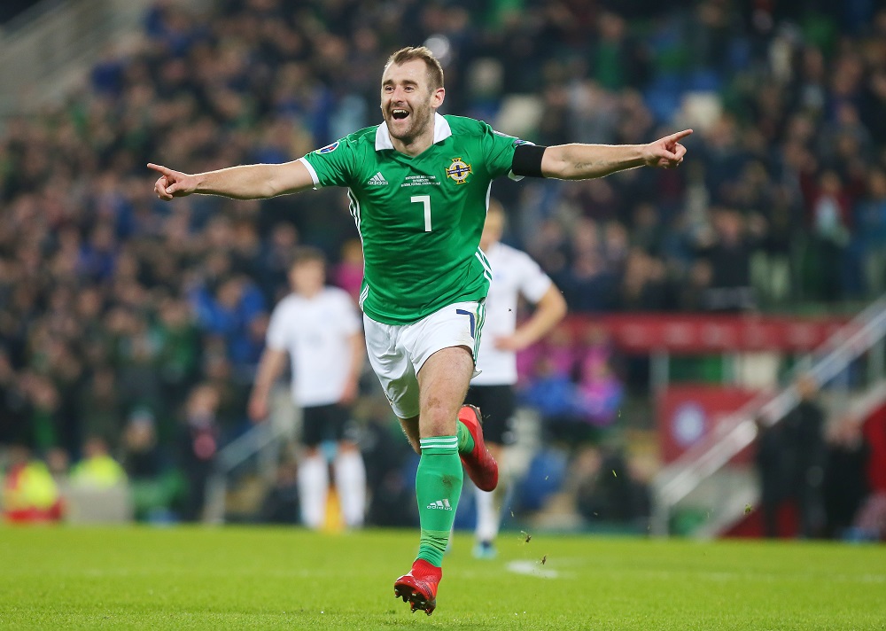 Press Eye Belfast - Northern Ireland 21st March 2019

European Championship 2020 Qualifying Round at the National Stadium at Windsor Park, Belfast.  Northern Ireland Vs Estonia. 

Northern IrelandÕs Niall McGinn celebrates after scoring to make it 1-0. 

Picture by Jonathan Porter/PressEye.com